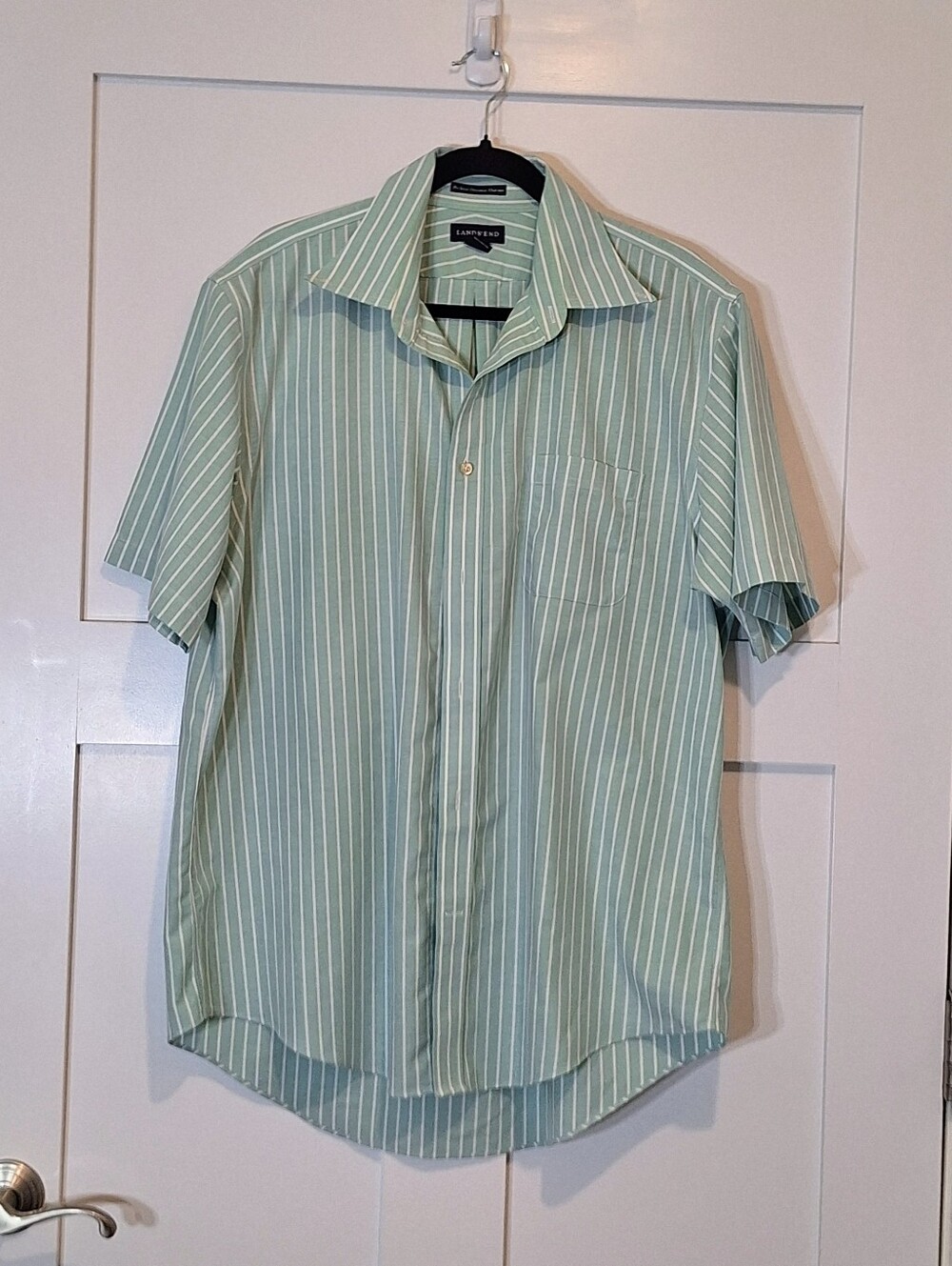 Lands' End No Iron Original Oxford Button Down Shirt Short Sleeves Striped Sz 17